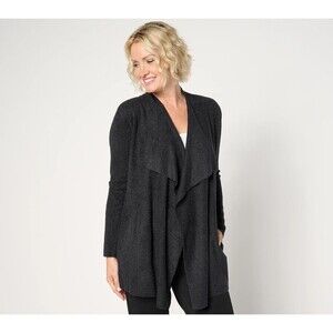 NWT~BAREFOOT DREAMS Ribbed Island Wrap Black Cardigan Sweater Petite Small $125